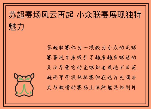 苏超赛场风云再起 小众联赛展现独特魅力